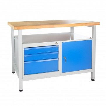 ADB werkbank 1 deur + 3 laden, plank, afmetingen: 1200x600x840mm (BxDxH), kleur werktafel: grijs, RAL 7035, kleur deur/lade: lichtblauw (RAL 5012), 41928