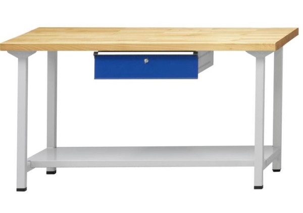 ANKE werktafel; 1500x700 mm; RAL 7035/5010; 1xHängeschublade; 1x opbergvak van 500 mm diep plaatstaal