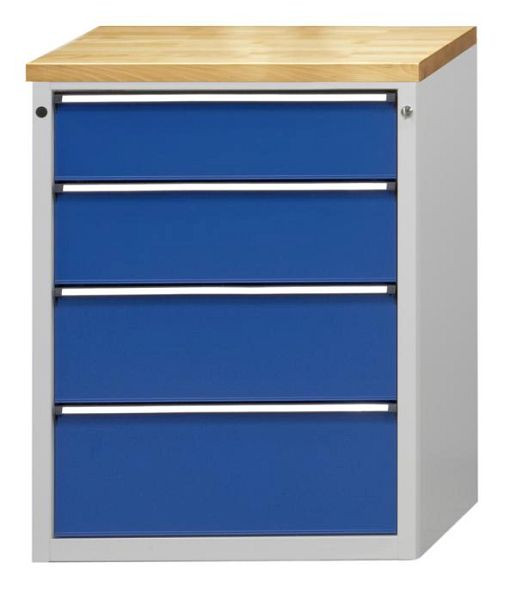 ANKE ladekast; 765 x 700 x 1020 mm; RAL 7035/5010; Massief beuken blad 40 mm; 4 laden 180, 210, 240, 270 mm, 610.005