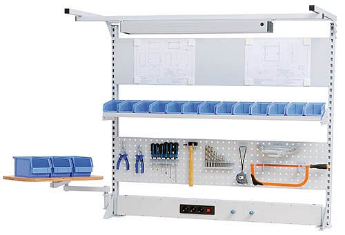 Bedrunka + Hirth meerwandige opbouw werklijn met bovenframe, 1x energiekanaal, 1x geperforeerde wand, 1x magneetwand, 1x legplank, 1500 x 750 x 1250 mm, 03.9001521WL