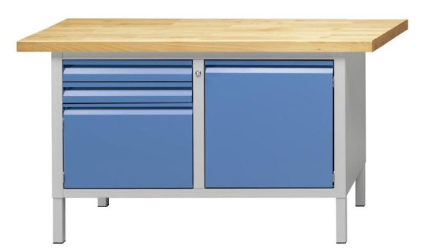 ANKE kastwerkbank; 1500x700 mm; RAL 7035/5012; Links 2 laden 85 mm; 1 deur 340 mm; Rechts 1 deur 510 mm