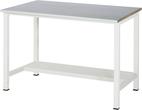 RAU werktafel serie 900, B1250 x D800 x H825mm, werkblad met RVS plaatbekleding, dikte 25mm, met planchet onder, diepte 320mm, 03-900-3-ES25-12.12