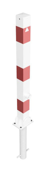 Schake afzetpaal (vouwpaal) stalen buis 70 x 70 mm opklapbaar, met driehoekslot, voor inzetting in beton, wit gecoat, 470FUHB