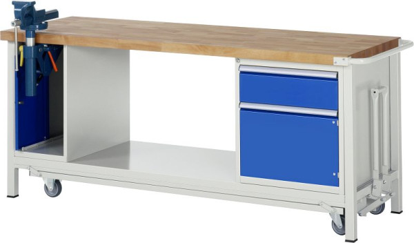RAU werkbank met neerlaatbaar onderstel serie 8000, 2 onderbouwcontainers (bankschroef - 1x lade, 1x draaideur), 2000x880x700 mm, 05-8181A6-207B4F.11