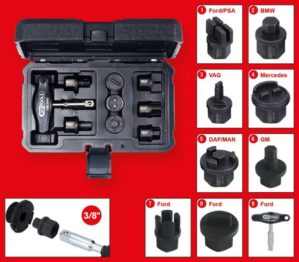 KS Tools 3/8" olieservice speciale profielset voor kunststof olieaftappluggen, 9-delig, 150.1040