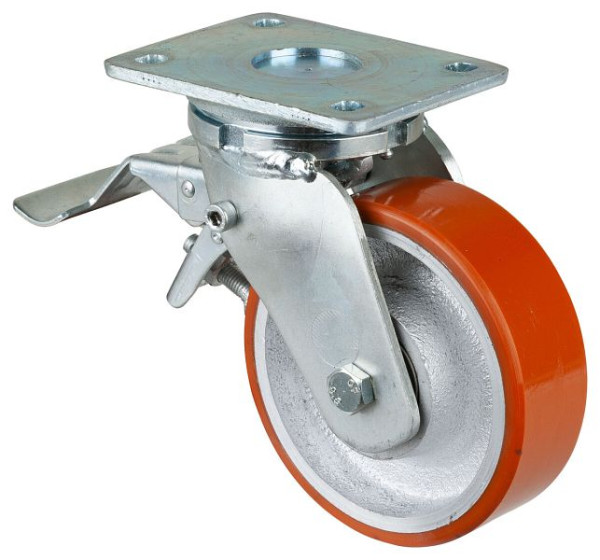 BS-wielen Zwaarlastwiel met wiel/slot, breedte 50 mm, Ø150 mm, tot 800 kg, gegoten polyurethaan 95 Shore A, gegoten lichaam, kogellagers, RR120.C10.150