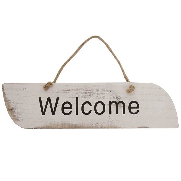 Mendler Welcome wandbord, decoratief houten bord, shabby look 10x43x1cm, wit, 44797