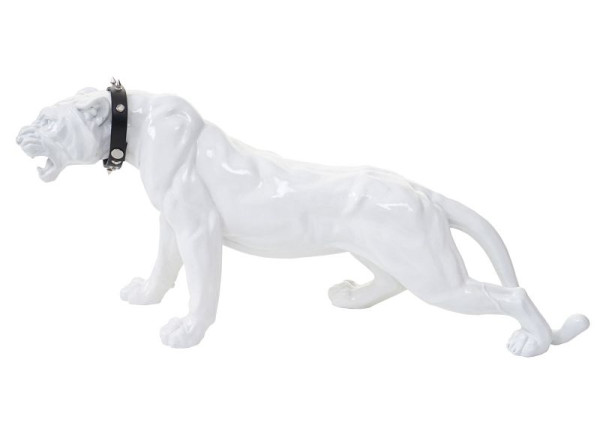 Mendler Deco figuur luipaard 59cm, polyresin sculptuur panter, binnen/buiten, wit hoogglans met kraag, 57116