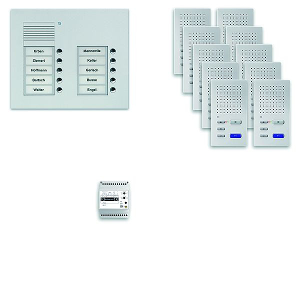 TCS deurbedieningssysteem audio: pack UP voor 10 wooneenheden, buitenstation PUK 10 belknoppen 2-koloms, 10x handsfree luidspreker ISW3030, bediening, PPUF10 / 2-EN / 02