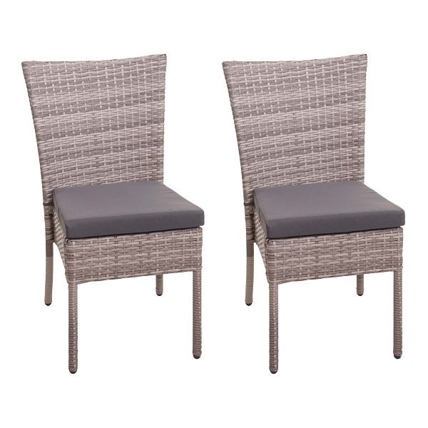 Mendler set van 2 poly rotan stoelen HWC-G19, balkonstoel, tuinstoel, stapelbaar, grijsbruin, donkergrijze kussens, 76331
