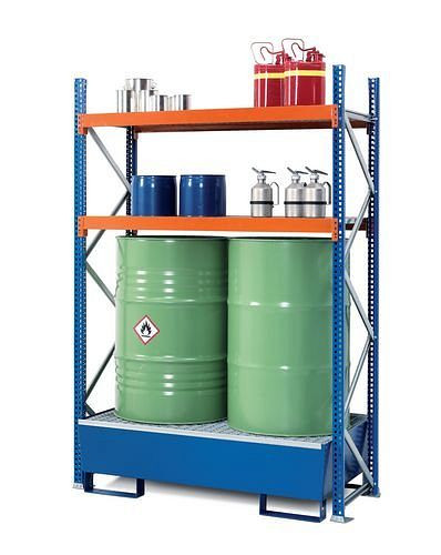 DENIOS vat en legbord voor kleine containers GRS 1250, gelakte opvangbak, 2 roostervloeren, Grundfeld, 201-815