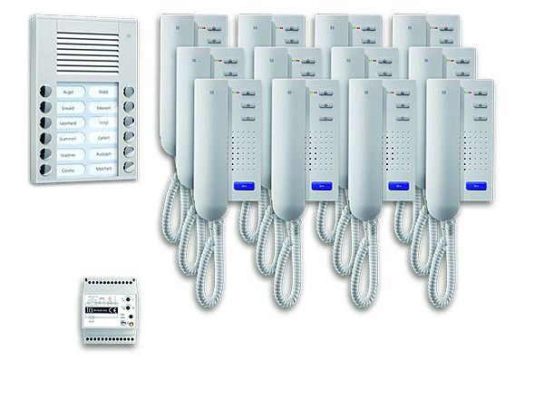 TCS deurbediening audio: pack AP voor 12 wooneenheden, met buitenpost PES 12 belknoppen, 12x deurtelefoon ISH3030, bedieningseenheid BVS20, PPA12-EN / 02