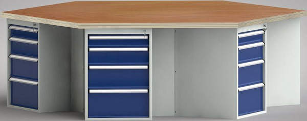 KLW PROFI werkbank in zeshoekige vorm met beuken multiplex blad in zeshoekige vorm 2338 x 2700 x 45 mm L x B x S, WP620N-1350M45-E8004