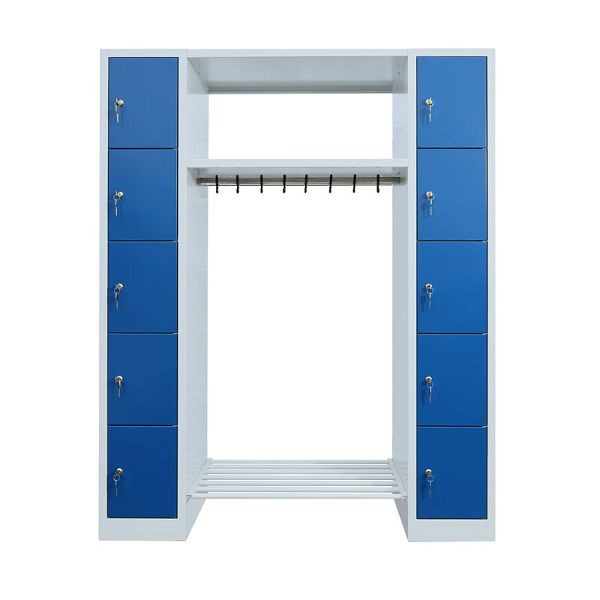 Lüllmann kledingkast, 2 vakken, elk 5 vakken rechts/links, 1800 x 1430 x 500 mm, lichtgrijs/gentiaanblauw, 525521