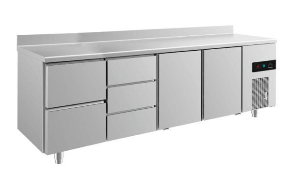 A&S Polarny koeltafel -2 tot +8°C met 2x deuren, twee laden links en drie laden middenlinks, 2330 x 700 x 850 mm, met opstand, KT4ZDTTA