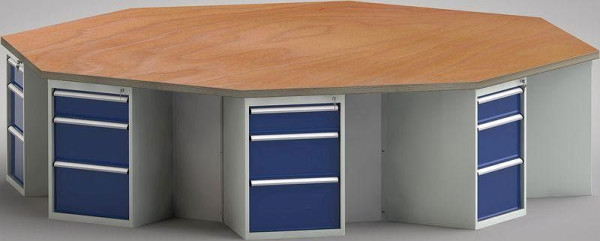 KLW standaard werkbank in achthoekige vorm met beuken multiplex blad in achthoekige vorm 3259 x 3259 x 40 mm L x B x S, WS670N-1350M40-E8017
