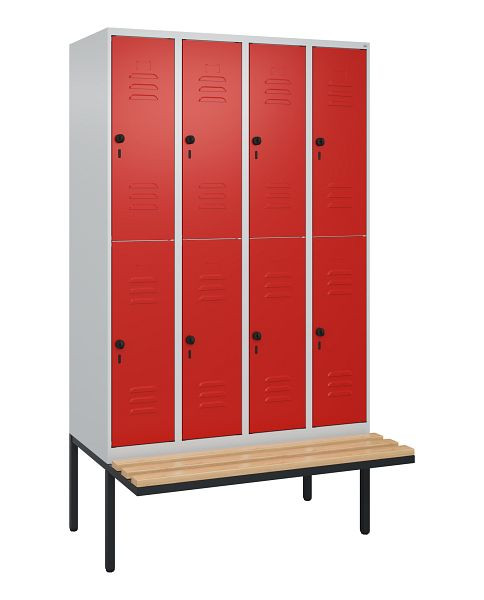 C+P Doppelstöckiger Spind Classic PLUS, 4 Abteile, 2120x1200x815mm, 7035/3020, Drehriegel, Sitzleisten aus Buche, schwebende Sitzfläche, 0803407-40 S10002