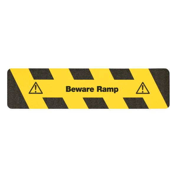 m2 antislip oppervlak waarschuwingsmarkering zwart/geel met tekst "Beware Ramp" strepen 150x610mm, M14E150610