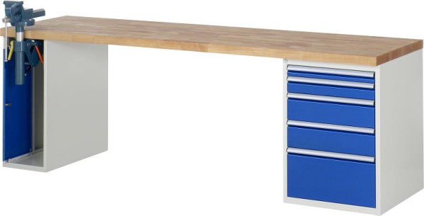 RAU werkbank serie 7000 - modulair ontwerp, 5 x laden, 1 x bankschroefkast, 2500x840x700 mm, 03-7511A2-257B4S.11