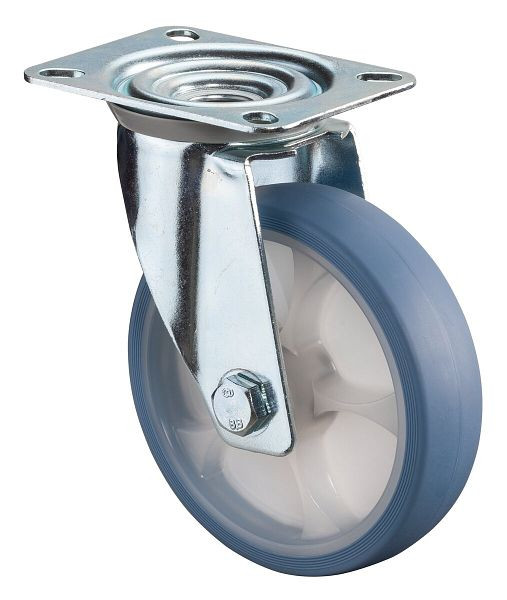 BS rollen transportwiel zwenkwiel, thermoplastisch rubberen wiel, lichtblauwe band, rollager, plaat, diameter: 125 mm, verpakking: 2 stuks, L400.B44.126.05
