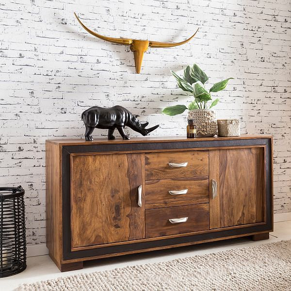Wohnling design dressoir KARAN Sheesham massief hout met kunstleer 160x44x80 cm, WL5.193