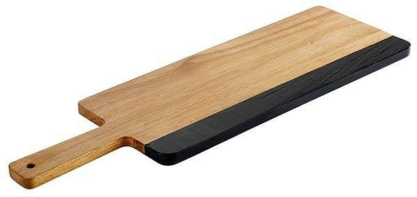 APS serveerplank -ACACIA SLATE-, 36,5 x 15 cm, hoogte: 1,5 cm, acaciahout, natuurleisteen, handvat: 12 cm, met ophanggat: Ø 1 cm, 00868