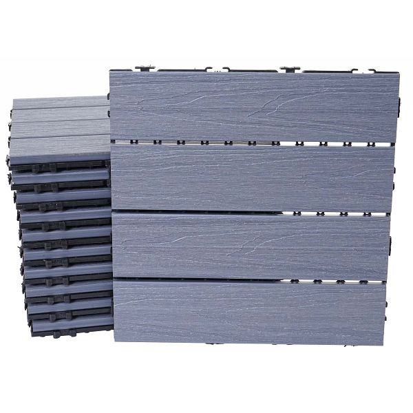 Mendler WPC vloertegel HWC-E21, houtlook balkon/terras, 3D-structuur lineair gecoat-grijs, 11x elk 30x30cm = 1m², 65173