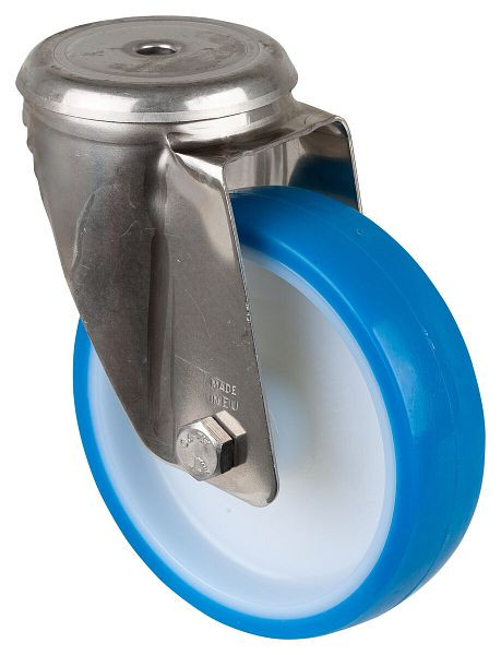 BS rollen RVS transportrol, breedte 40 mm, Ø150 mm, tot 200 kg, loopvlak polyurethaan blauw, wiellichaam kunststof, glijlager, H101.B32.150