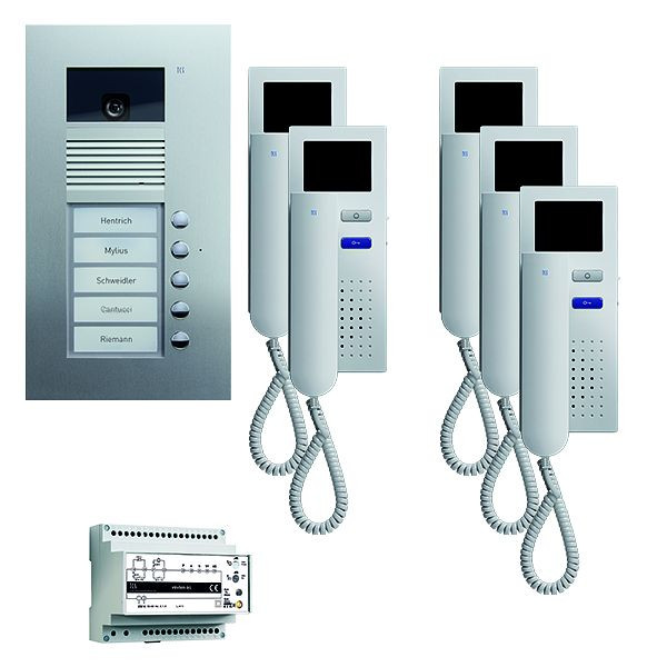 TCS deurbediening video: pack UP voor 5 wooneenheden, met voordeurstation AVU 5 belknoppen, 5x videodeurtelefoon IVH3222, bediening, PVU1650-0010