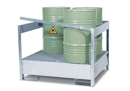 DENIOS station voor gevaarlijke goederen 4 P2-P-V50 van staal, verzinkt, voor 4 vaten van 200 liter, met frame, 178-416