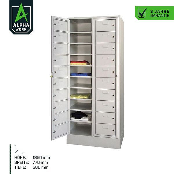 Alpha Work lockerkast, 770 x 1850 x 500 mm, 2 hoofddeuren, romp: lichtgrijs, voorkant: gentiaanblauw, met onderstel, 06052