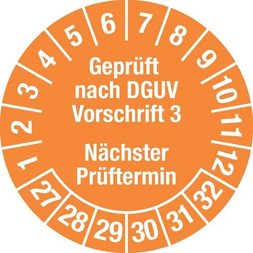 DENIOS teststicker "Tested DGUV/Appointment", 27 - 32, oranje, folie, SK, 30 mm, verpakking: 5 vellen à 15 stuks, 290174