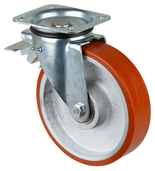 BS Wielen Zwaarlastwiel met rem, breedte 40 mm, Ø200 mm, tot 450 kg, polyurethaan gegoten 95 Shore A, gegoten wiellichaam, kogellager, N120.C10.201