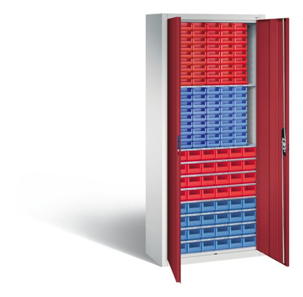 C+P tijdschriftenkast serie 13, H1690xB700xD300mm, kleur: lichtgrijs/robijnrood, verzonken handgreep, 133413-24 S10018