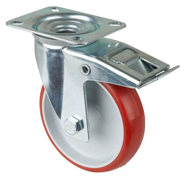 BS rollen transportrol met rem, breedte 32 mm, Ø125 mm, tot 150 kg, rood polyurethaan, rollager, plaat, VE = 2 stuks, L420.B31.125