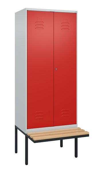 C+P Umkleidespind Classic PLUS SW, 2 Abteile, 2120x800x815mm, 7035/3020, Zylinderschloss, Buche-Sitzleisten, 0800427-22 S10059