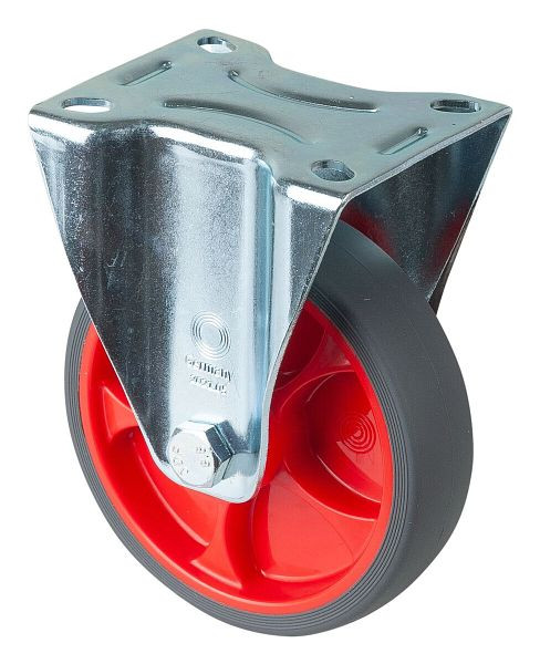 BS rollen transportrol vaste rol, thermoplastisch rubber wiel, grijze band, rollager, plaat, diameter: 125 mm, verpakking: 2 stuks, L410.B44.126.03