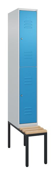 C+P dubbeldekskast Classic PLUS, 2120x300x815mm, 7035/5012, cilindersloten, zitlatten van beukenhout, met zitbank eronder, 0803507-10 S10094