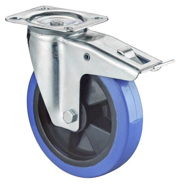 BS rollen transportrol met rem, breedte 50 mm, Ø125 mm, tot 300 kg, blauwe elastische banden, kunststof wiellichaam, rollager, LSS420.B61.125