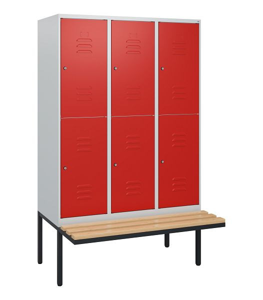 C+P dubbeldekskast Classic PLUS, 3 compartimenten, 1950x1200x815mm, 7035/3020, cilindersloten, beukenhouten zitlatten, zitting, 0803405-32 S10032