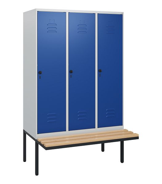 C+P Umkleidespind Classic PLUS, 3 Abteile, 1950x1200x815mm, 7035/5010, Drehriegel, Buche-Sitzleisten, 0800405-32 S10003