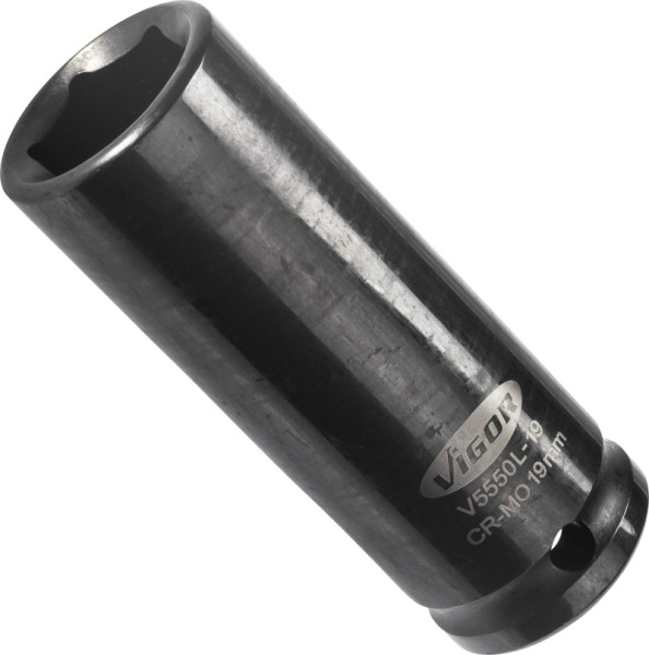 VIGOR slagmoersleuteldop, lang, hol vierkant 12,5 mm (1/2 inch), buitenzeskantprofiel, 19 mm, V5550L-19