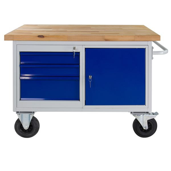 ADB tafelwagen/werkbank 3 laden + 1 deur, 840x1300x600 mm, kleur tafelwagen: lichtgrijs, RAL 7035, kleur deur/laden: lichtblauw (RAL 5012), 42740