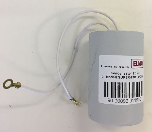 ELMAG condensator 25 µF voor model SUPER-FOX 3, lengte: 70 mm (incl. kabel met oogjes) DM: 45 mm, 9201199