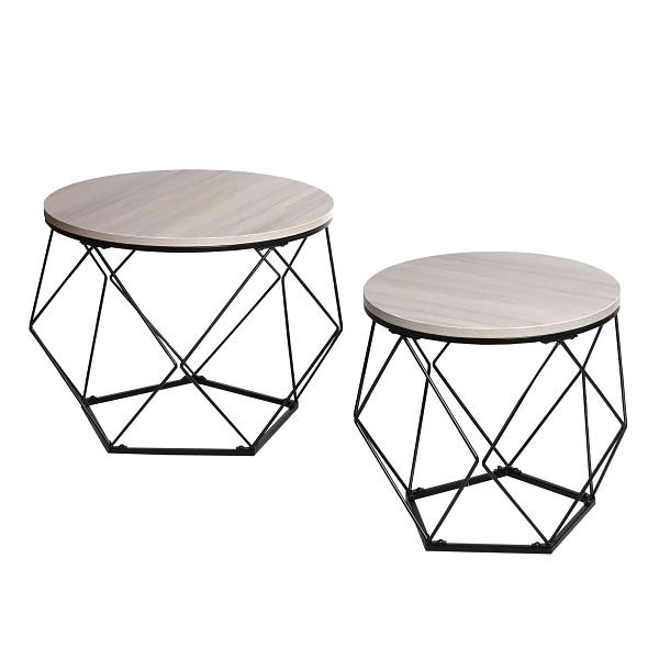Mendler salontafel set HWC-L37, salontafel bijzettafel loungetafel, metaal hout, eiken grijze look, 98466