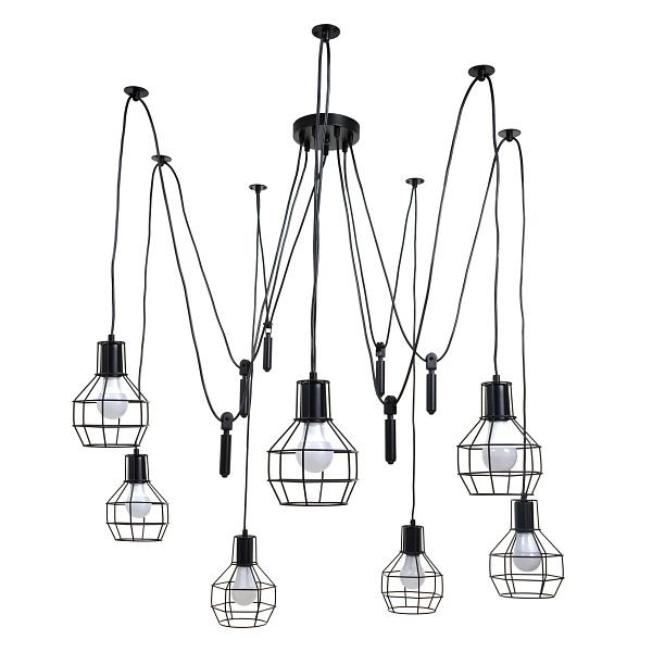 Mendler hanglamp HWC-H85, hanglamp hanglamp, industrieel metaal in hoogte verstelbaar zwart, 7x rooster lampenkap, 74196