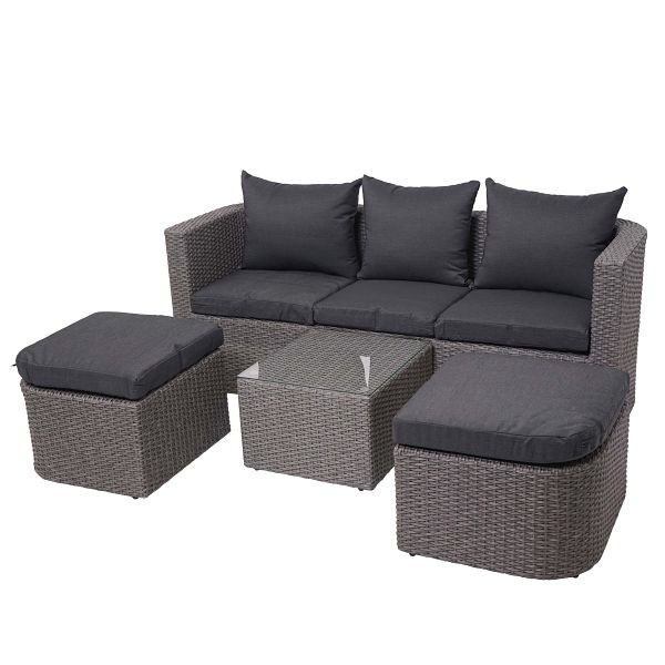 Mendler 3in1 set HWC-J37, tuin/loungeset zonne-eiland, gesponnen poly halfrond poly rotan, grijs, kussens antraciet, 77297
