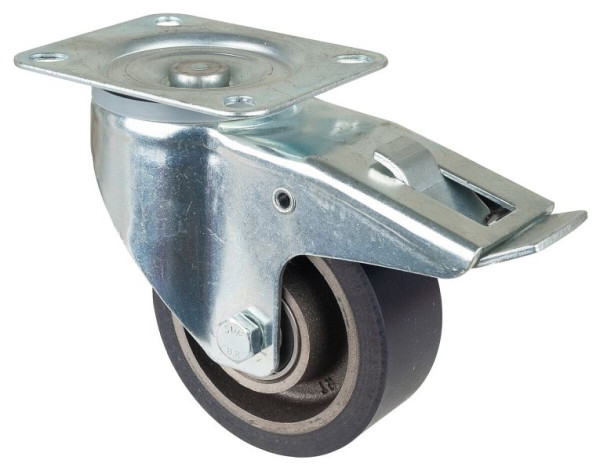 BS rollen transportrol met rem, breedte 50 mm, Ø125 mm, tot 300 kg, gegoten polyurethaan loopvlak, gegoten wiellichaam, kogellagers, LSS420.C11.125