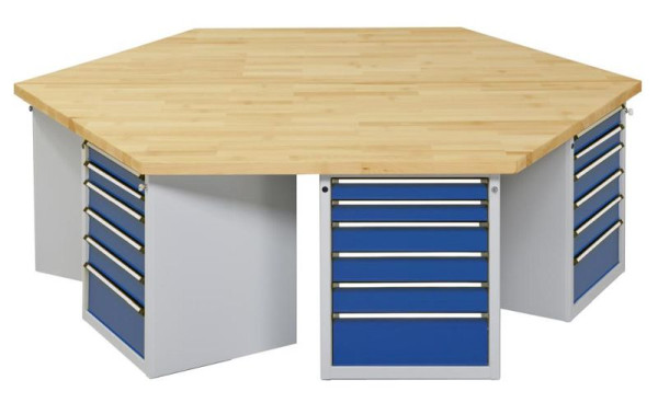 ANKE zeshoekige groepswerkbank; 6 werkplekken; 2340x2700 mm; RAL 7035/5010; Massief beuken blad 50 mm; Randlengte 1350 mm, model 605 VG
