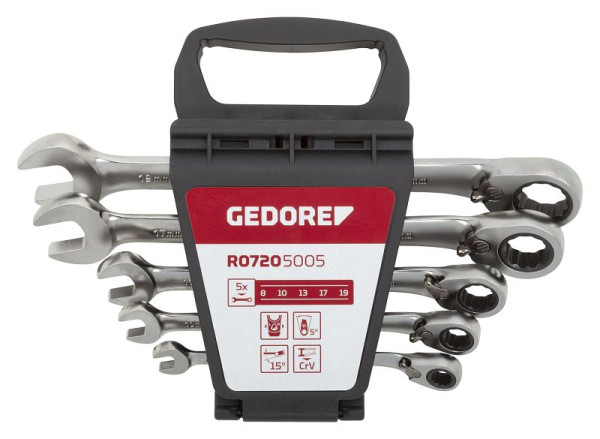 GEDORE rode ringratelsleutelset, omschakelbaar SW8-19mm 5-delig, 3300872
